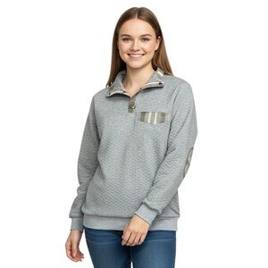 Grey Quilted Quarter Button Pullover Plaid Elbow Patch Sweatshirt Size XL